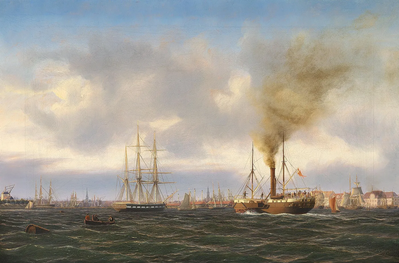 The paddle steamer Skirner in the port of Copenhagen. (1848) by Carl Bille — original painting reproduced as a hand-painted oil on canvas