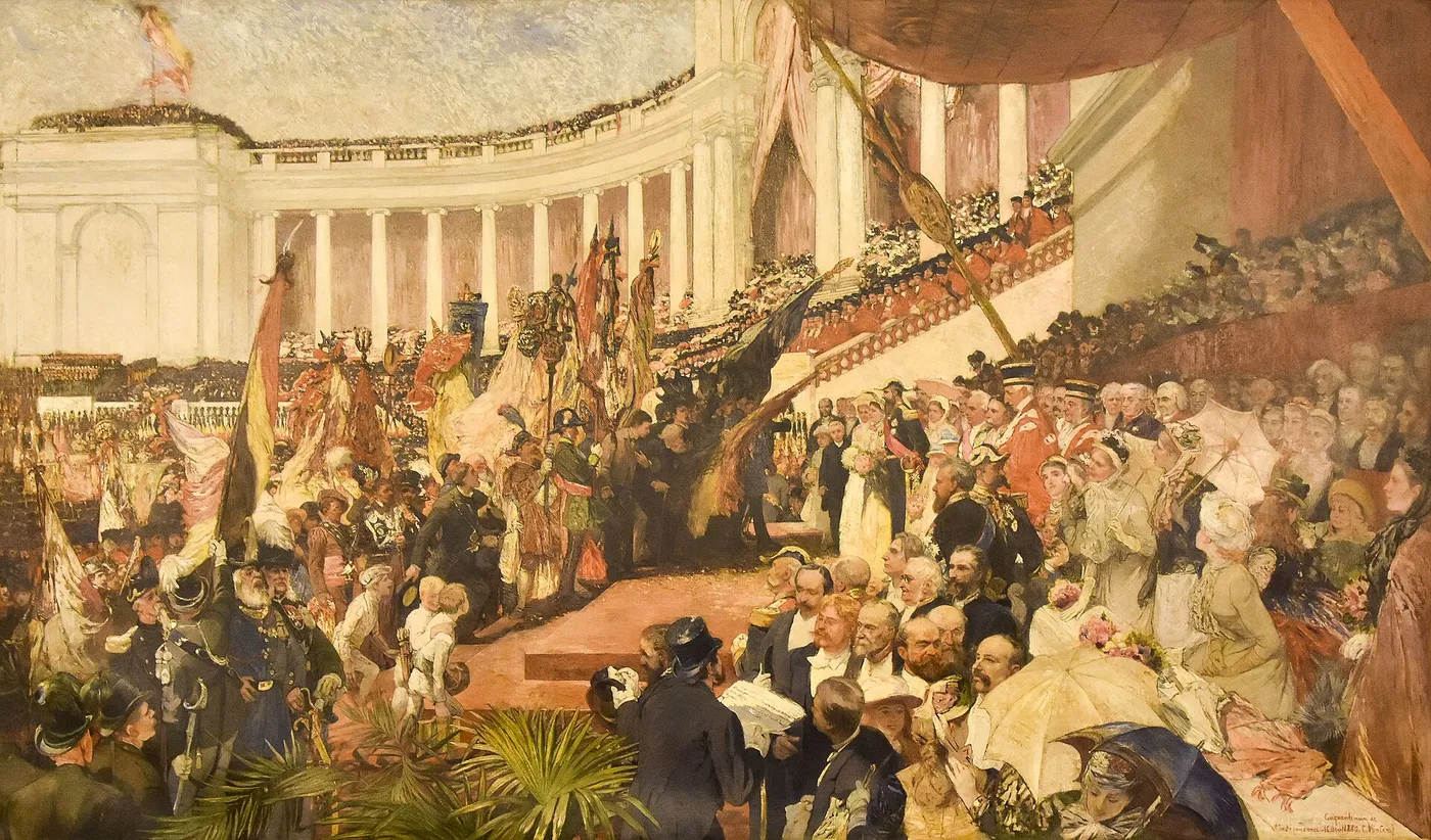 The patriotic celebration of the fiftieth anniversary of the Belgian independence (1890) by Camille Van Camp — original painting reproduced as a hand-painted oil on canvas