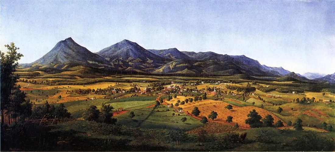 The Peaks of Otter and the Town of Liberty (1855) by Edward Beyer — original painting reproduced as a hand-painted oil on canvas