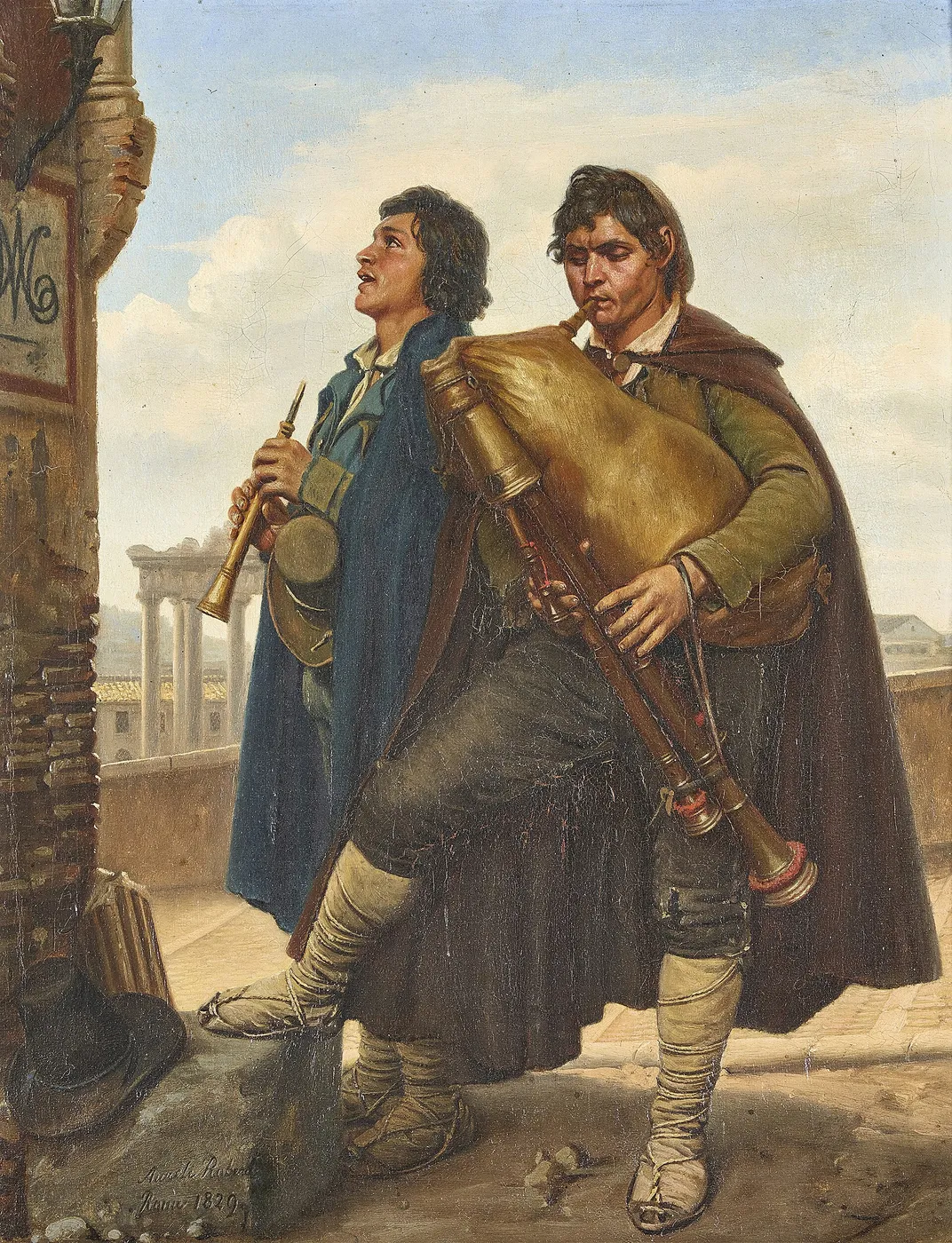 The pifferari in front of the Madonna (1829) by Aurèle Robert — original painting reproduced as a hand-painted oil on canvas