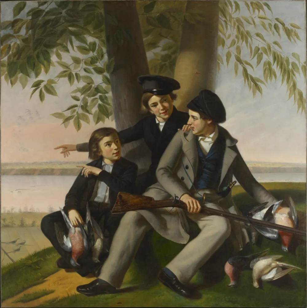 The Pigeon-Hunt (1853) by Antoine Plamondon — original painting reproduced as a hand-painted oil on canvas