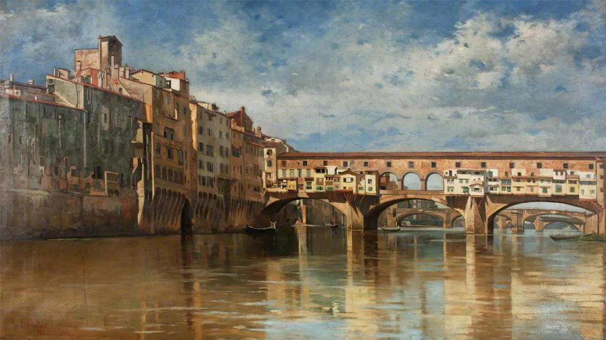 The Ponte Vecchio, Florence (1888) by Francesco Raffaello Santoro — original painting reproduced as a hand-painted oil on canvas