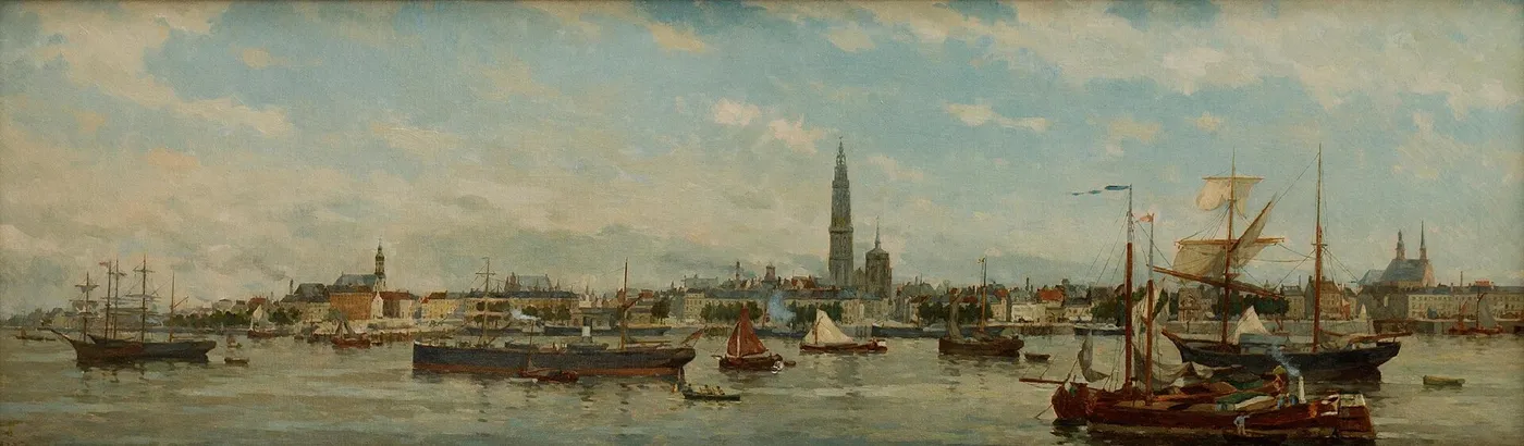 The port of Antwerp (1901) by Ernest De Bièvre — original painting reproduced as a hand-painted oil on canvas
