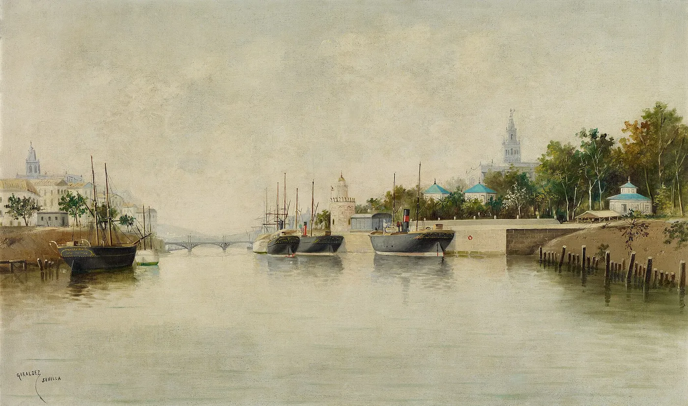 The Port of Seville (1920) by Adolfo Giráldez y Peñalver — original painting reproduced as a hand-painted oil on canvas