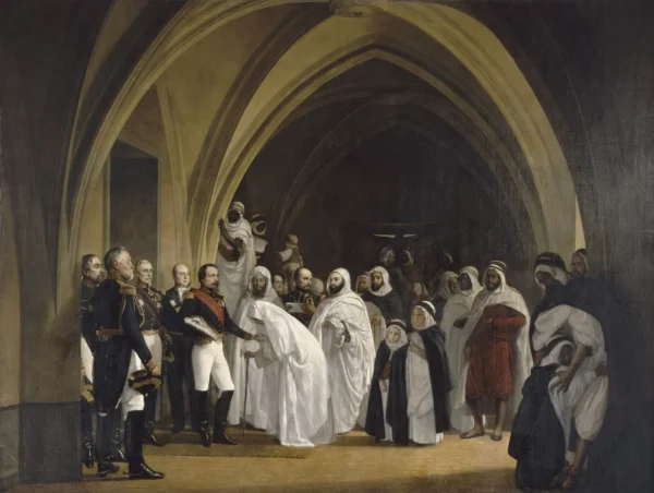 The president of republic-prince frees Abd-el-Kader, Amboise castle, october 16, 1852. (1861) by Ange Tissier — original painting reproduced as a hand-painted oil on canvas