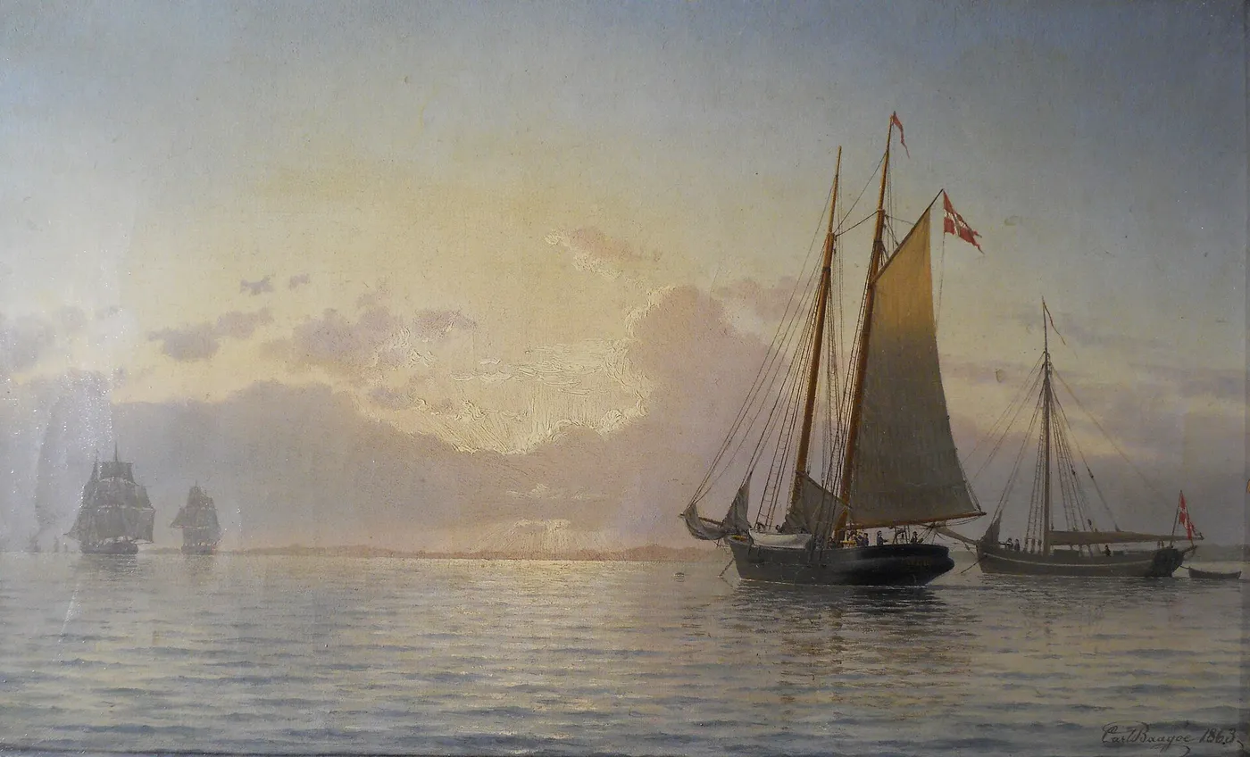 The Revenue schooner Argus anchored in Odense Fjord. (1863) by Carl Baagøe — original painting reproduced as a hand-painted oil on canvas