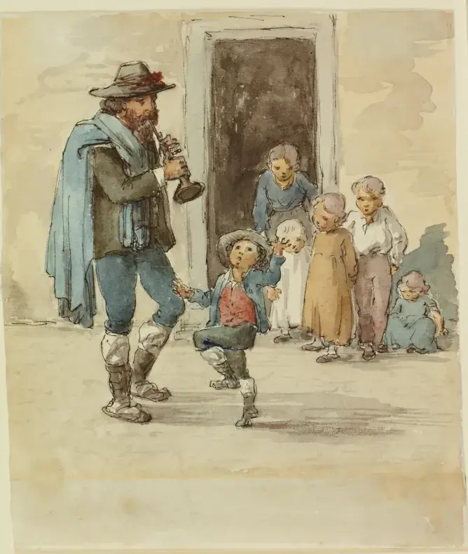 The shawm player and his son (1876) by Elizabeth Boott — original painting reproduced as a hand-painted oil on canvas