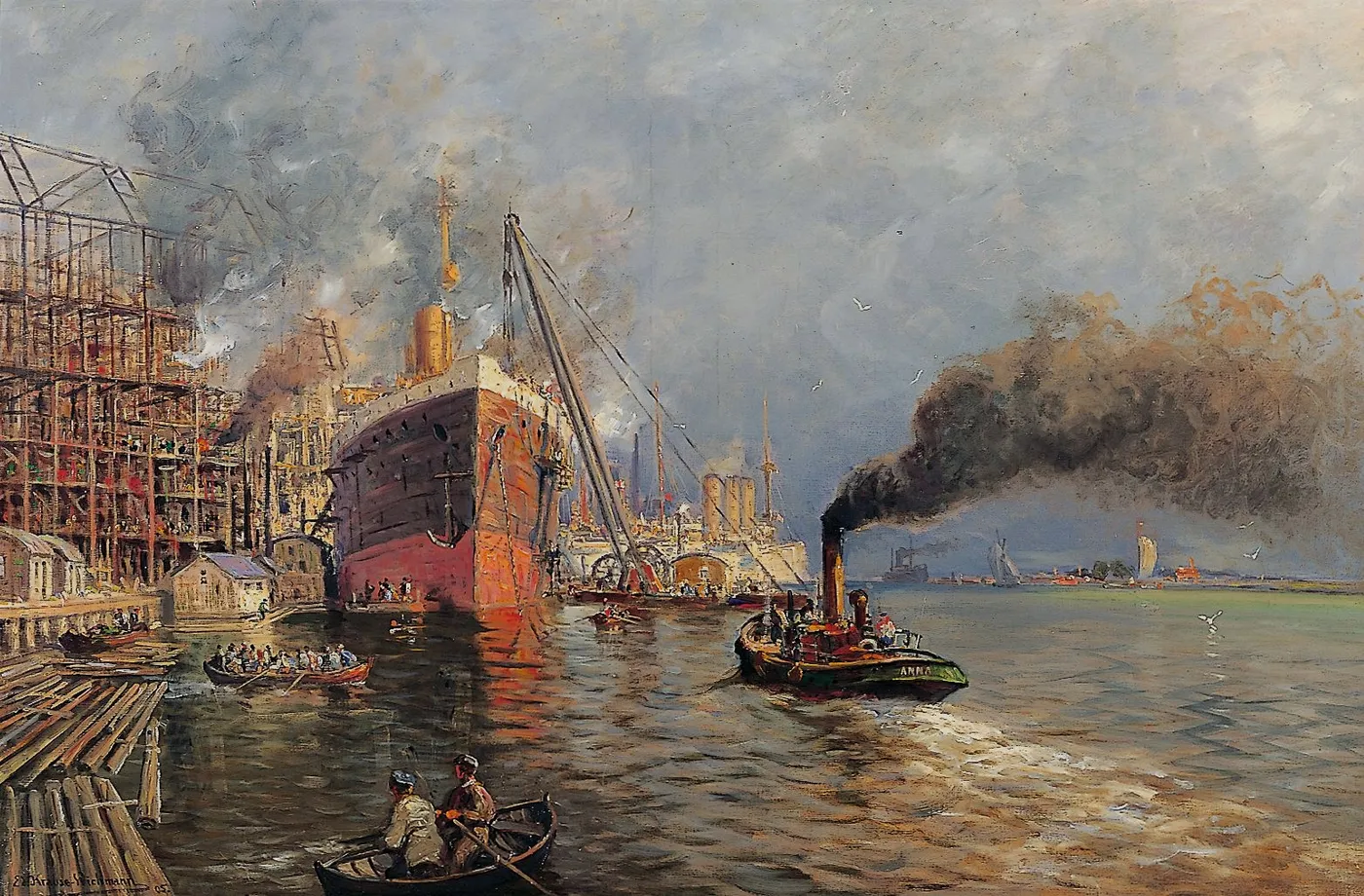 The Stettin Vulcan shipyard (1905) by Eduard Krause-Wichmann — original painting reproduced as a hand-painted oil on canvas