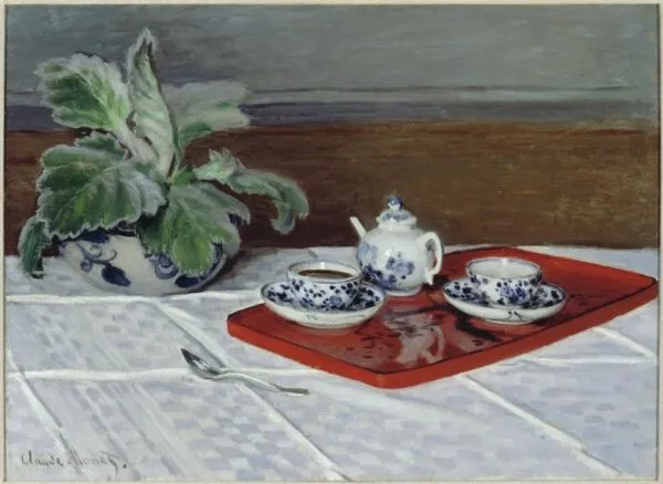 The Tea Service (1872) by Claude Monet — original painting reproduced as a hand-painted oil on canvas