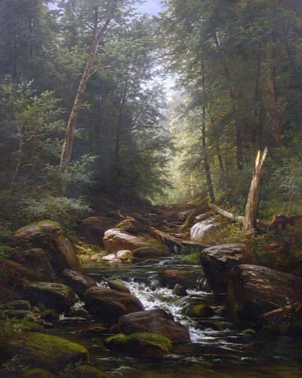 The Trout Stream (also known as The Home of the Trout and Trout Stream Near Dingman’s Ferry) by Carl Weber — original painting reproduced as a hand-painted oil on canvas