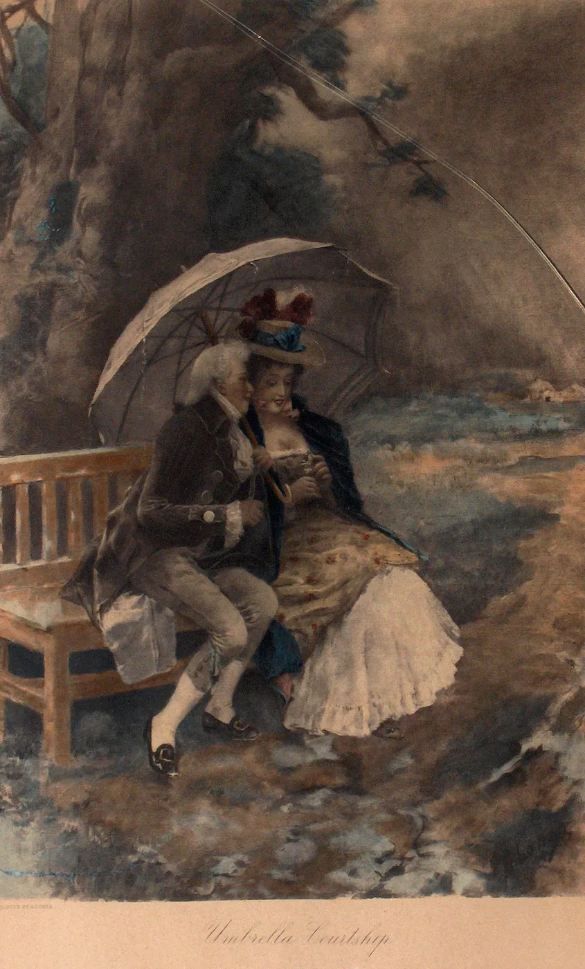 The umbrella courtship by Antonio Lonza — original painting reproduced as a hand-painted oil on canvas