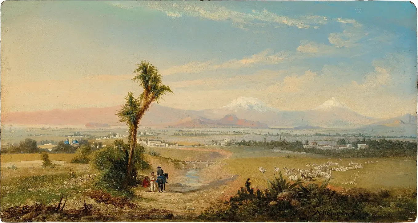 The Valley of Mexico, the two volcanoes Popocatépetl and Iztaccihuatl beyond by Conrad Wise Chapman — original painting reproduced as a hand-painted oil on canvas