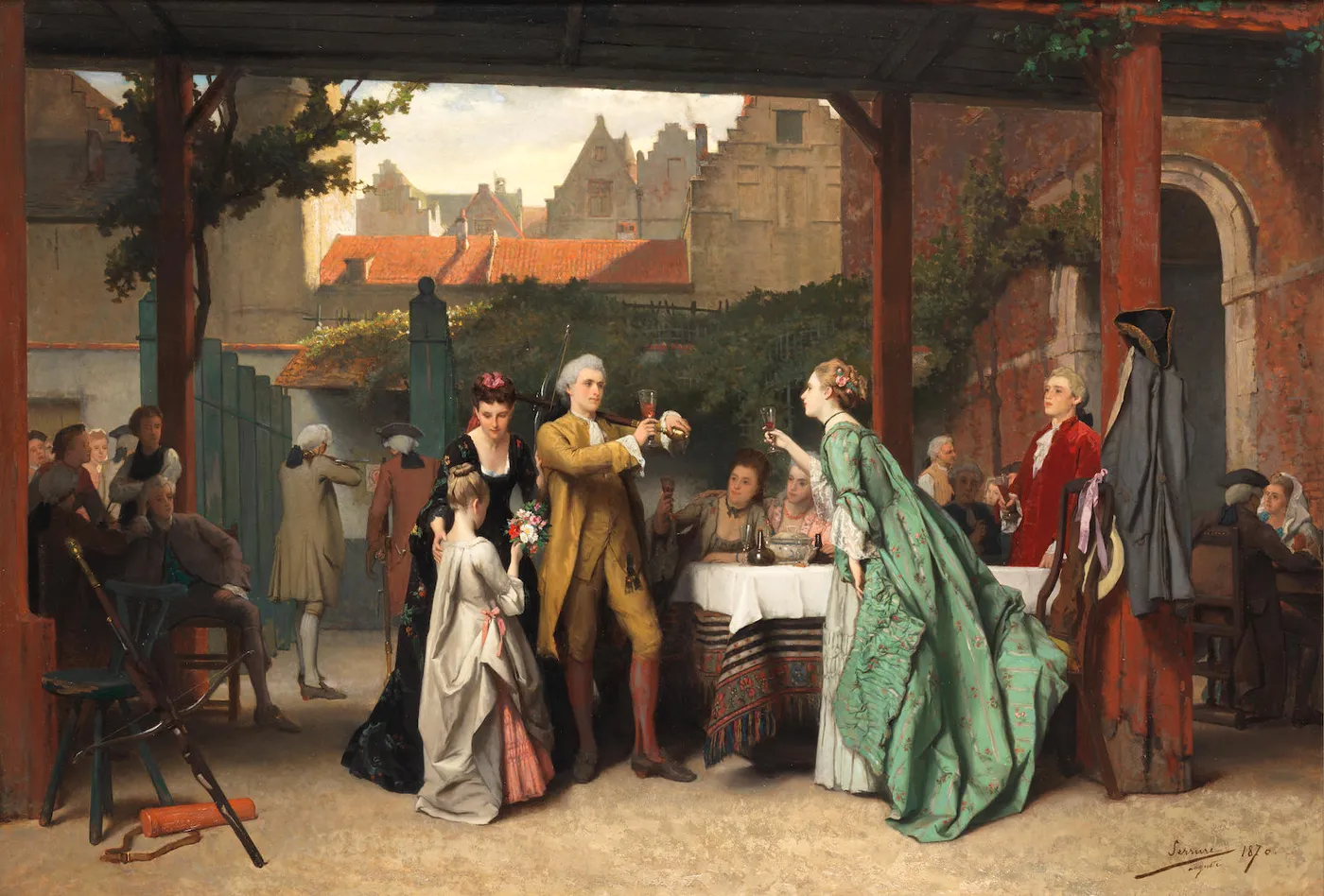 The victory of the crossbow shooter (1870) by Auguste Serrure — original painting reproduced as a hand-painted oil on canvas