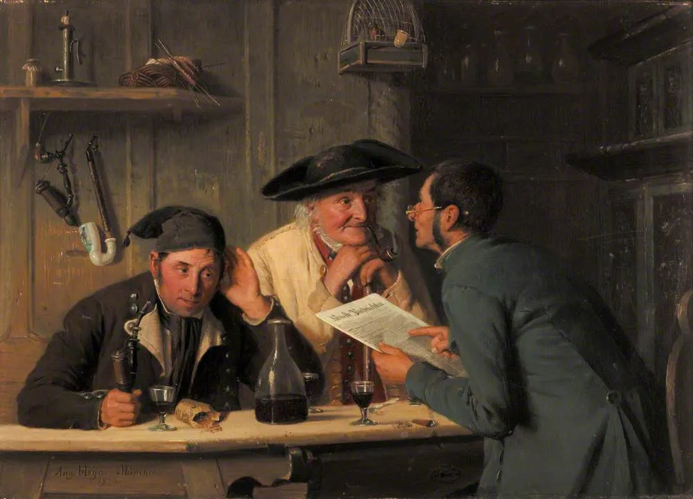 The Village Politicians (1877) by August Heyn — original painting reproduced as a hand-painted oil on canvas