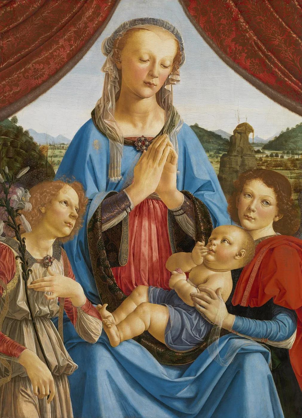 The Virgin and Child with Two Angels (1476) by Andrea del Verrocchio — original painting reproduced as a hand-painted oil on canvas