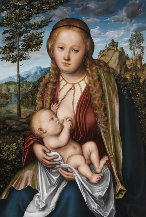 The Virgin Suckling the Child (1512) by Lucas Cranach the Elder — original painting reproduced as a hand-painted oil on canvas