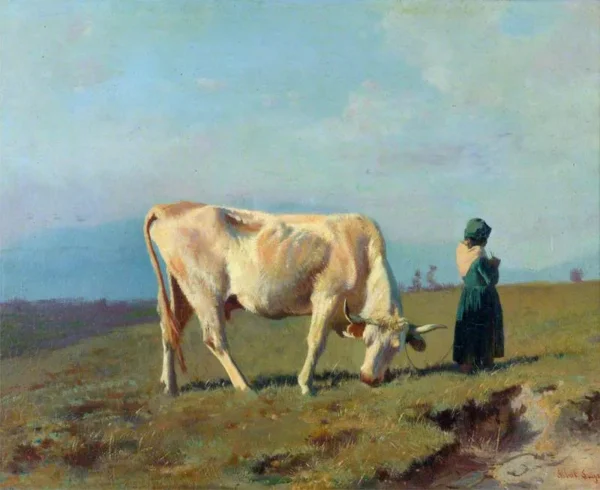 The White Cow by Albert Lugardon — original painting reproduced as a hand-painted oil on canvas