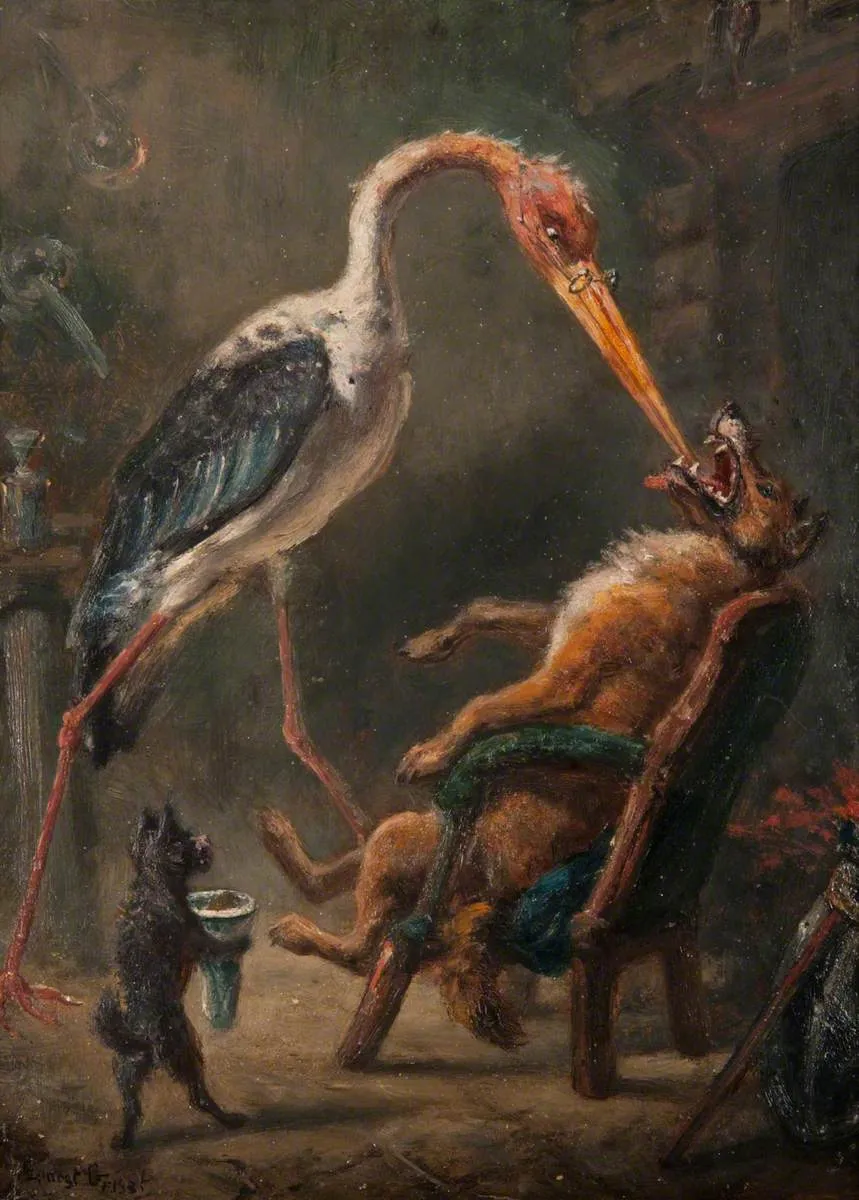 The Wolf and the Crane (1850) by Ernest Henri Griset — original painting reproduced as a hand-painted oil on canvas