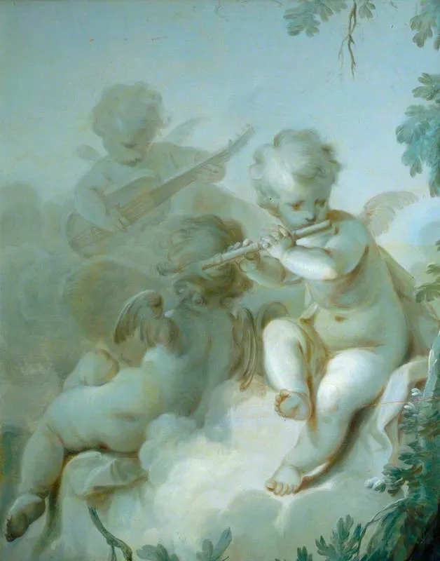 Three Cupids Playing Instruments (1775) by Dirk van der Aa — original painting reproduced as a hand-painted oil on canvas
