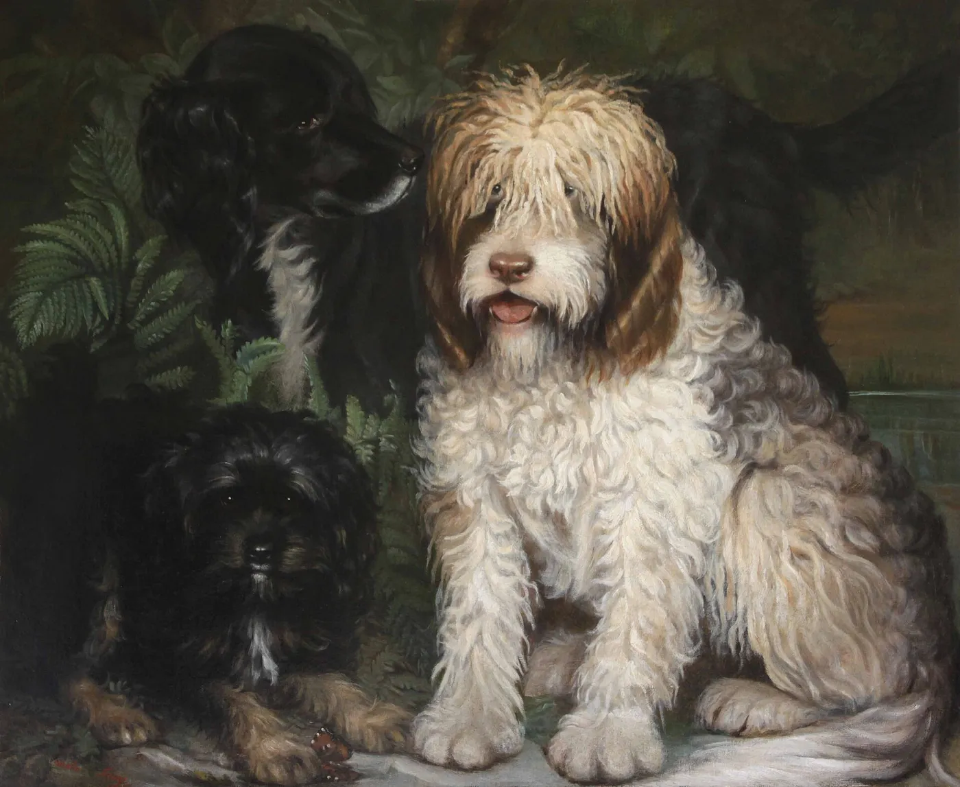 Three dogs, Barbet / Old English Sheepdogs, black setter and terrier. (1862) by Coralie Ferey — original painting reproduced as a hand-painted oil on canvas
