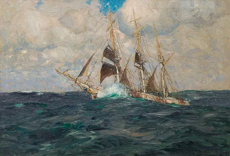 Three Master (1909) by Alfred Liedtke — original painting reproduced as a hand-painted oil on canvas
