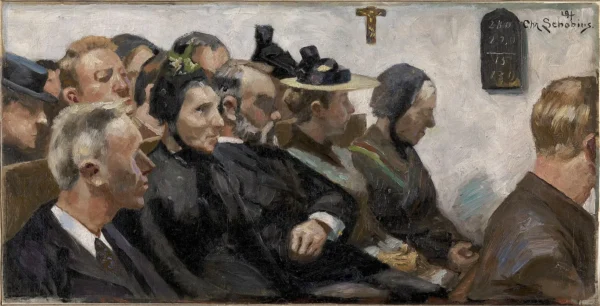Tilhørere i en landsbykirke (1894) by Christjern Schobius — original painting reproduced as a hand-painted oil on canvas