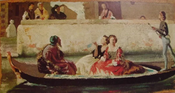 Titian’s Gondola (1861) by Federico Faruffini — original painting reproduced as a hand-painted oil on canvas