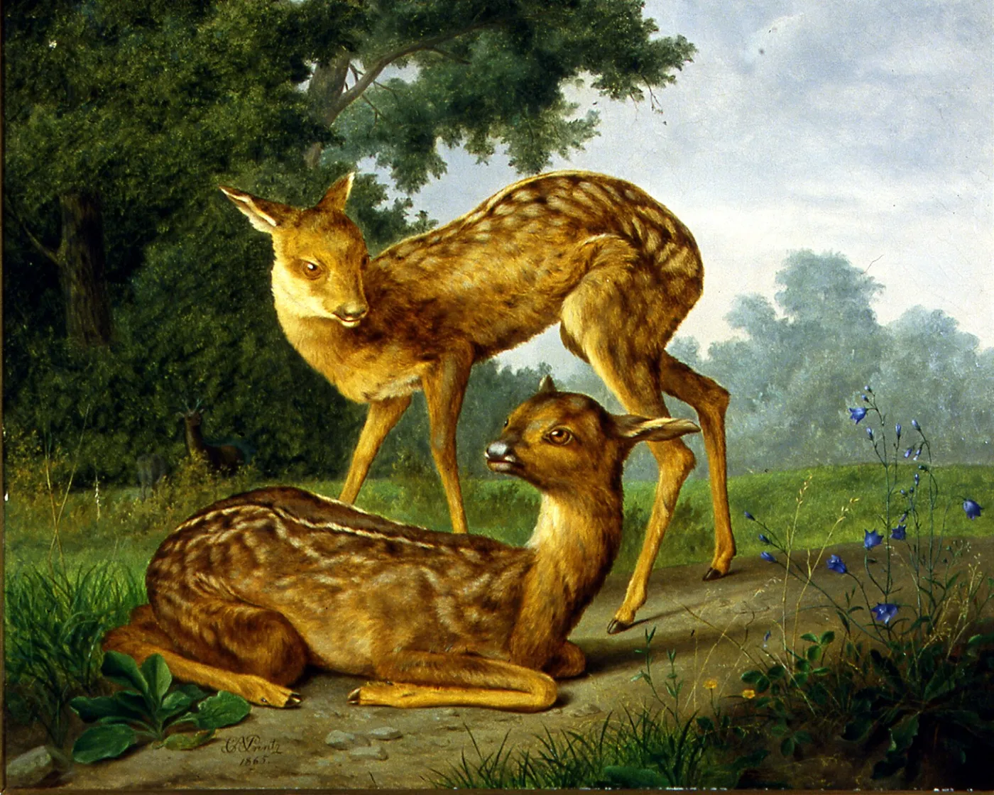 To dådyr (1865) by Christian August Printz — original painting reproduced as a hand-painted oil on canvas