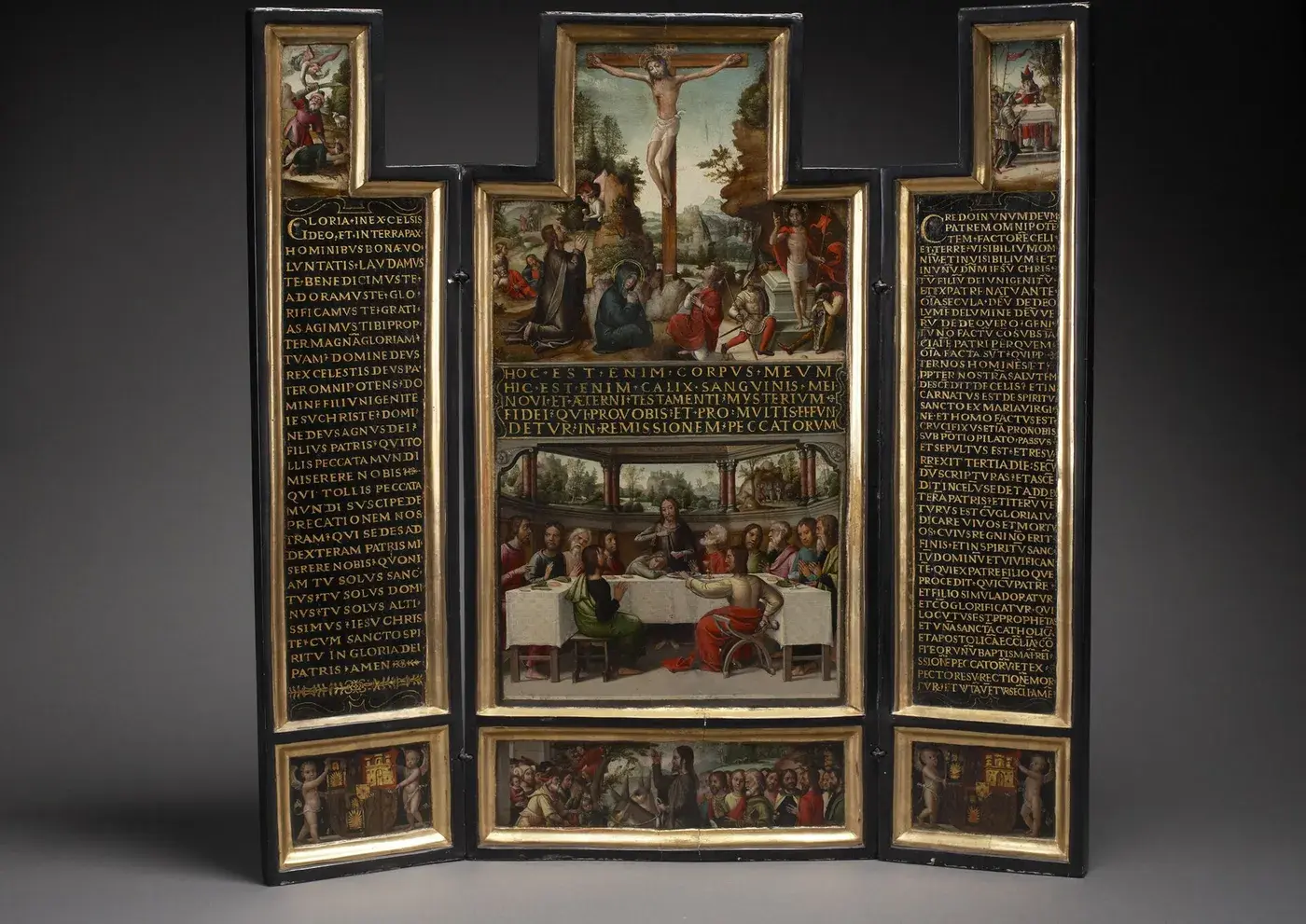Triptych: Biblical Scenes with texts from the Ordinary of the Roman Mass by Antonio de Comontes — original painting reproduced as a hand-painted oil on canvas