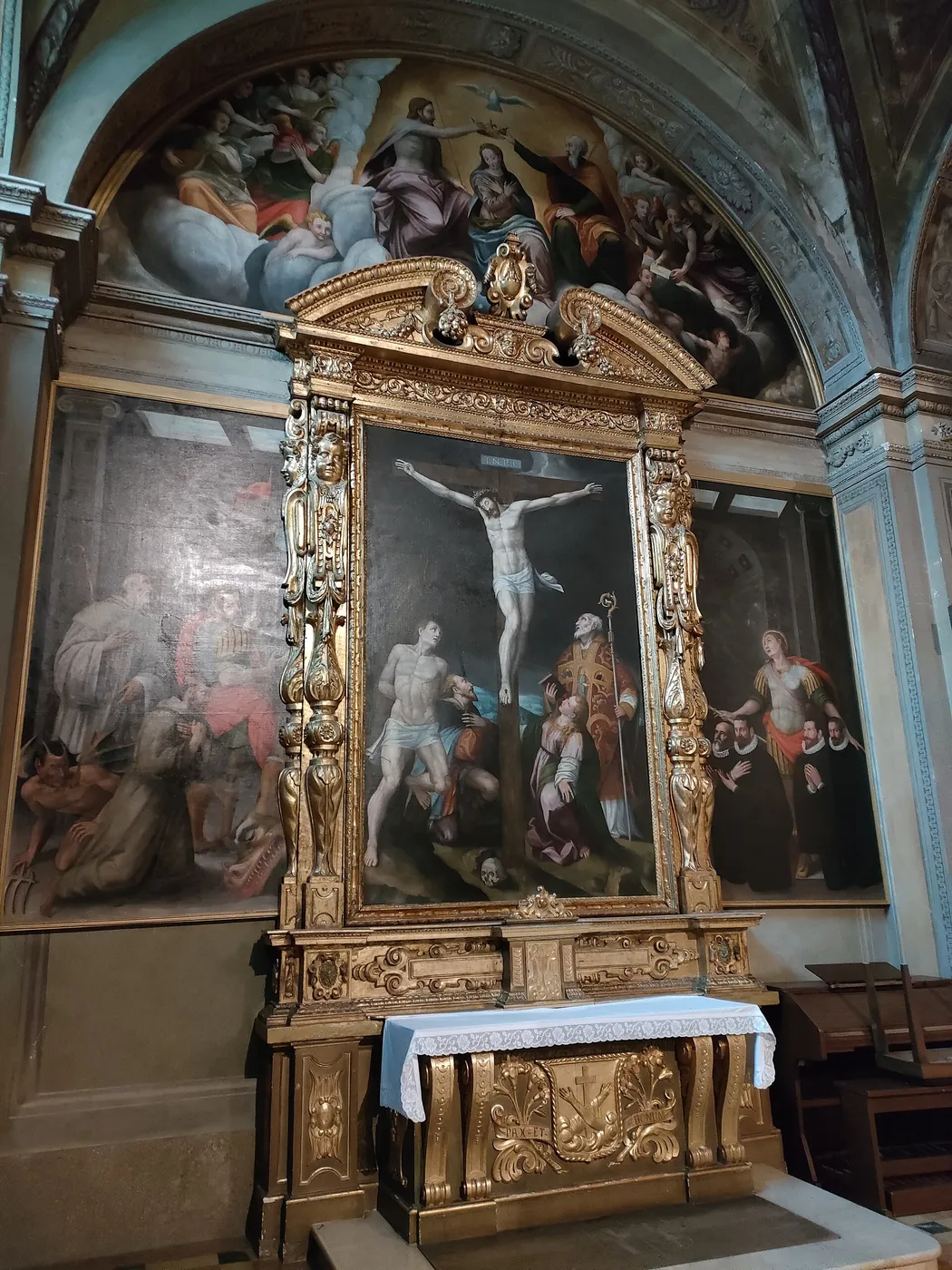Triptych of the crucifixion (1587) by Aurelio Gatti — original painting reproduced as a hand-painted oil on canvas
