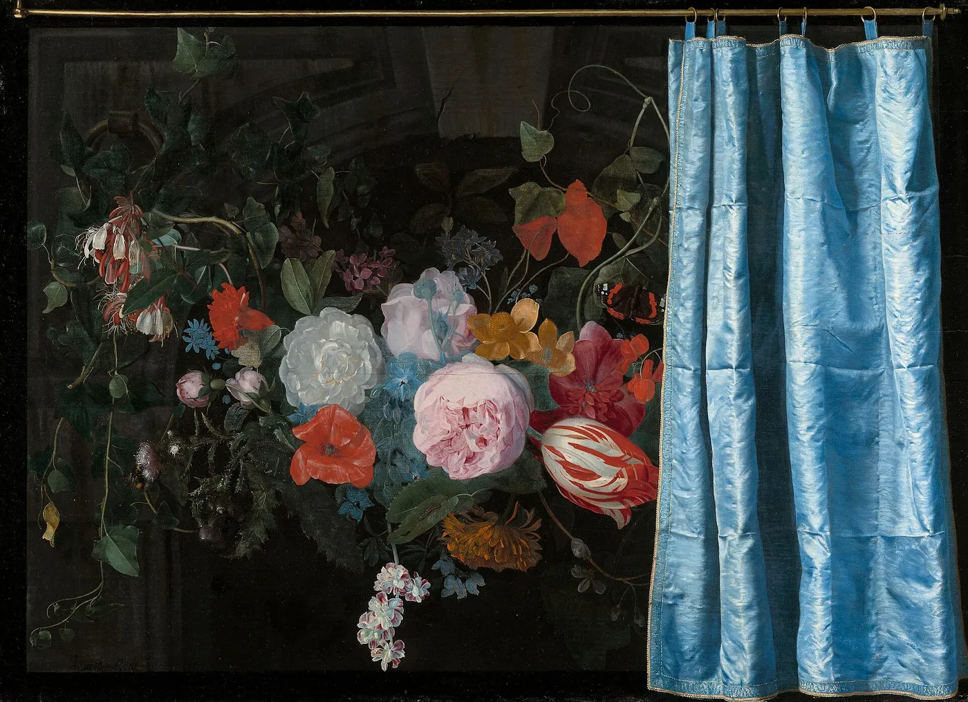 Trompe-l’Oeil Still Life with a Flower Garland and a Curtain (1658) by Adriaen van der Spelt — original painting reproduced as a hand-painted oil on canvas