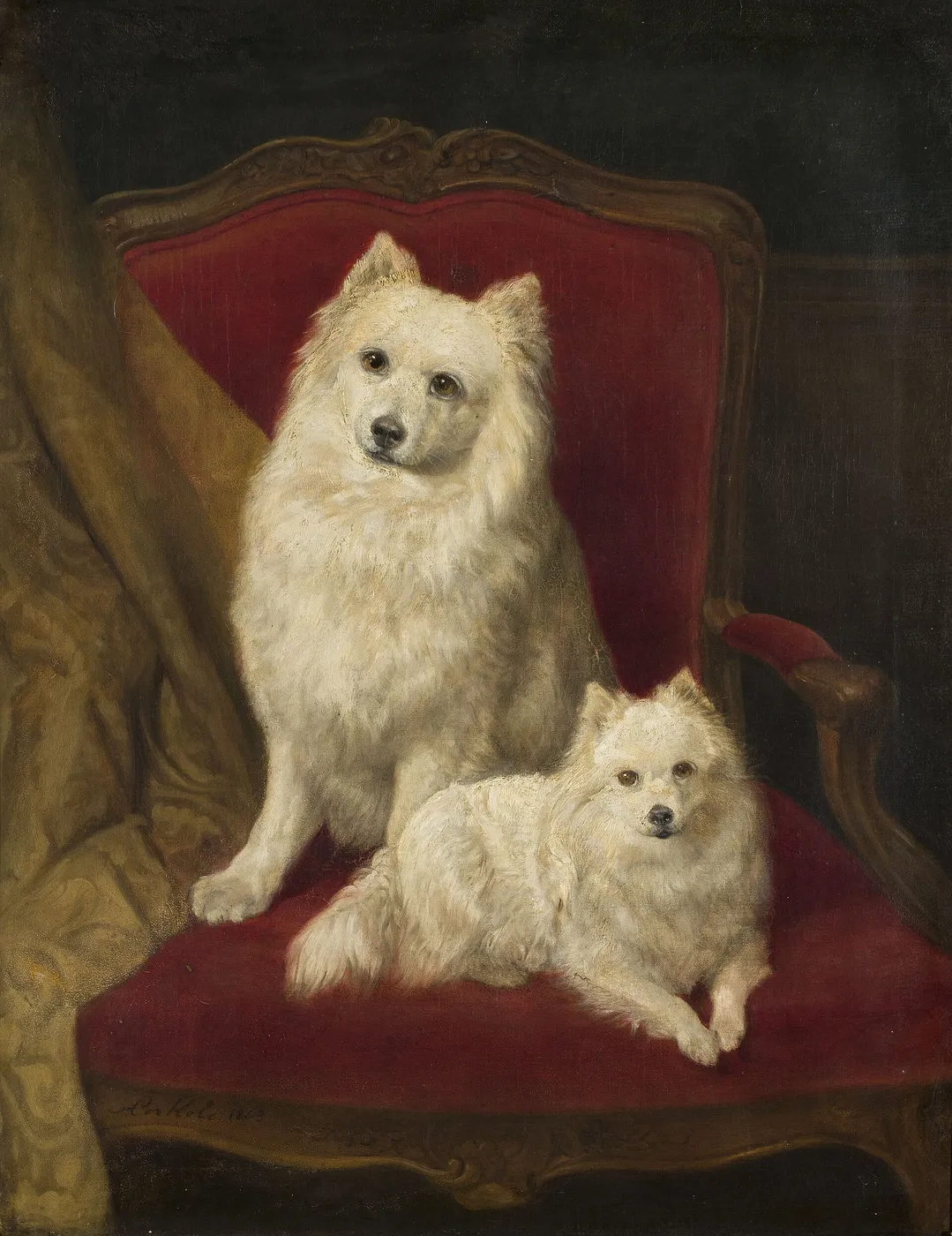 Two Dogs on a Couch (1863) by Auguste Corkole — original painting reproduced as a hand-painted oil on canvas