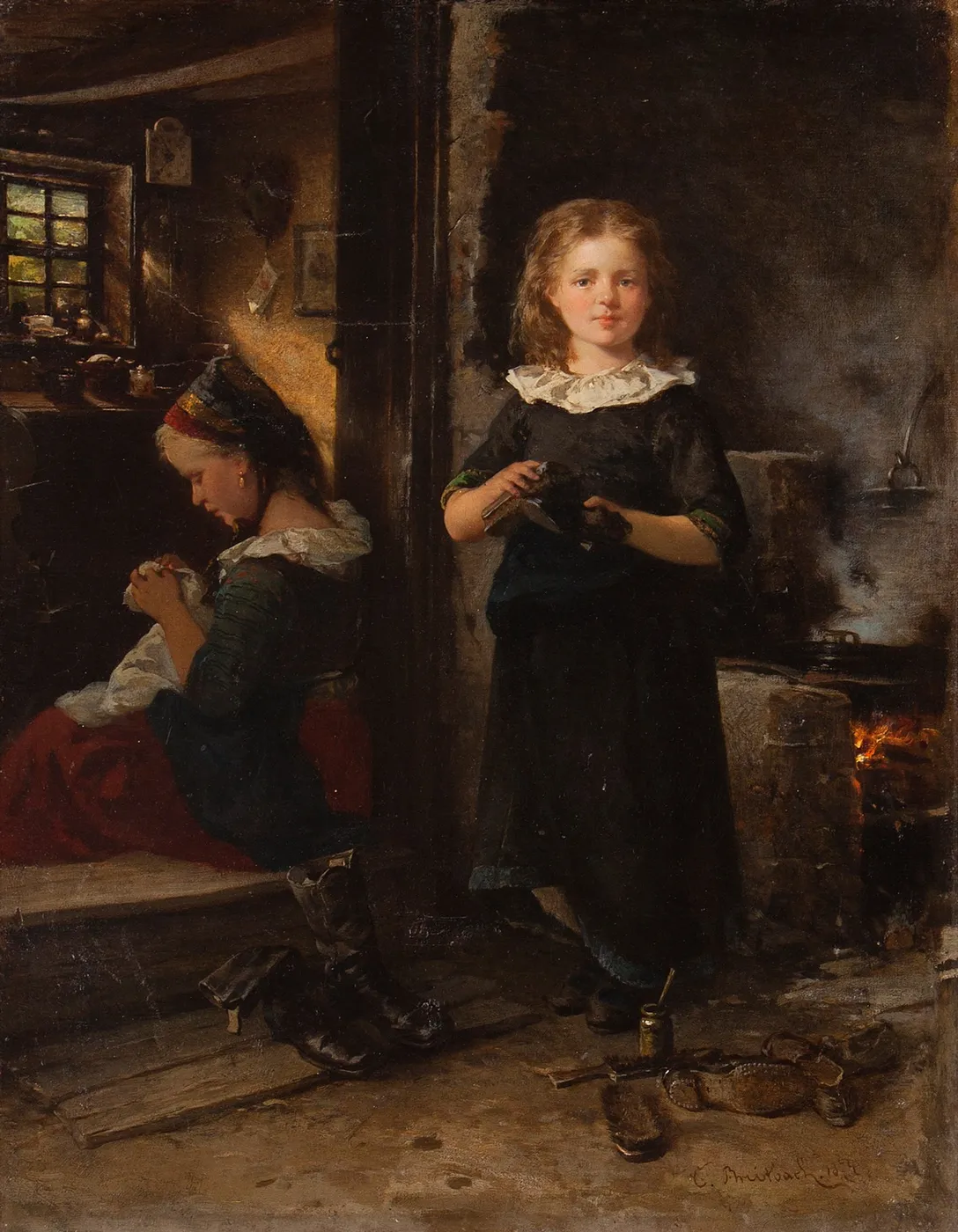 Two Girls (1874) by Carl Breitbach — original painting reproduced as a hand-painted oil on canvas