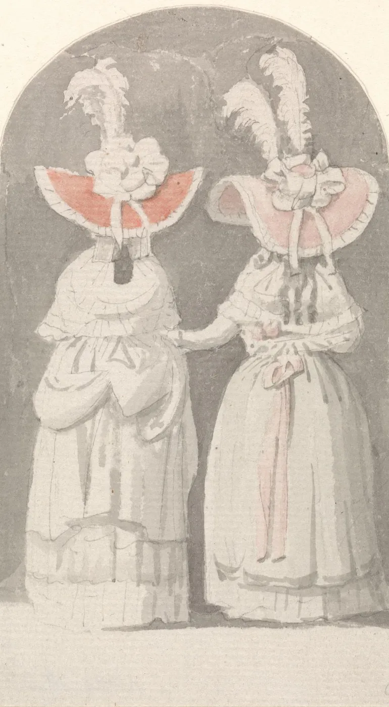 Two Ladies Wearing Extravagant Plumed Hats by Anthony Highmore — original watercolour reproduced as a hand-painted oil on canvas