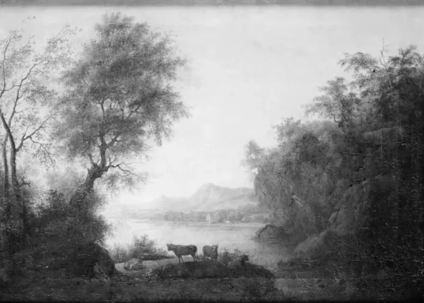 Udsigt over en sø i et bjergrigt landskab (1800) by Anthon Christoffer Rüde — original painting reproduced as a hand-painted oil on canvas