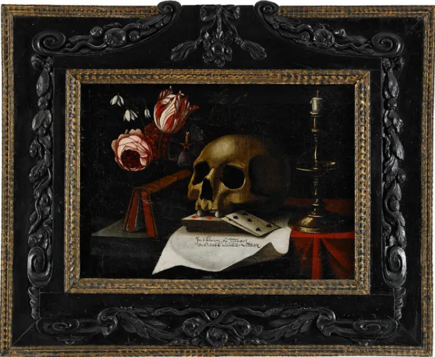 Vanitas still life with skull, playing cards, candle and flowers — Carel Fonteyn