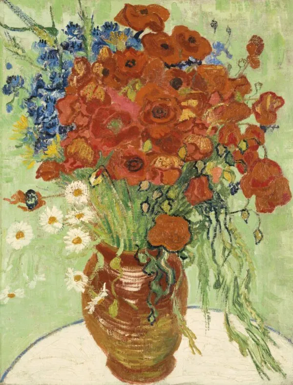 Vase with Cornflowers and Poppies (1890) by Vincent van Gogh — original painting reproduced as a hand-painted oil on canvas
