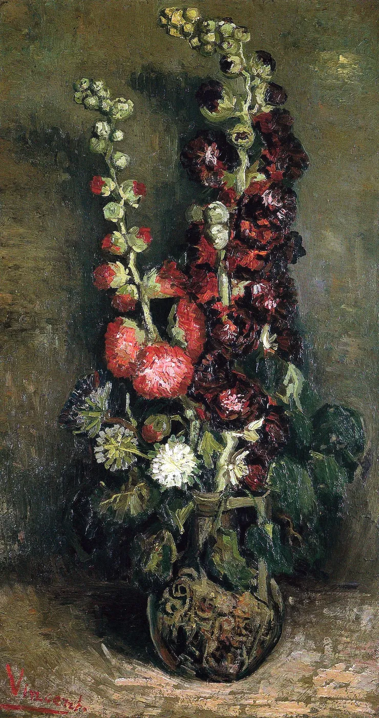 Vase with Musk-mallows (1886) by Vincent van Gogh — original painting reproduced as a hand-painted oil on canvas