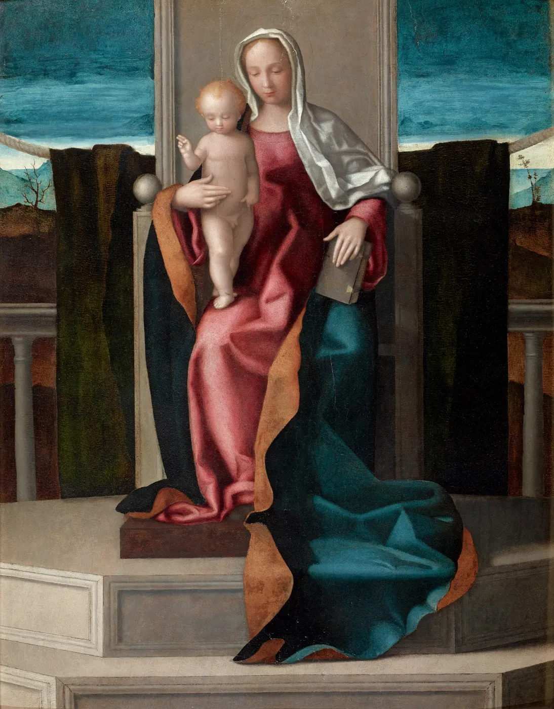 Vierge à l'Enfant sur un trône (1510) by Giovanni Bellini — original painting reproduced as a hand-painted oil on canvas