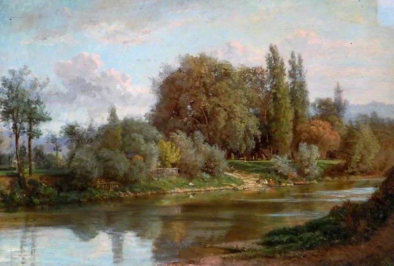 View across a River with Wooded Banks (1865) by Achille Gratien Gallier — original painting reproduced as a hand-painted oil on canvas