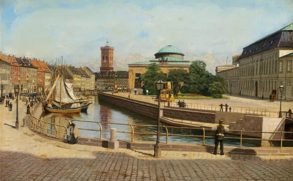 View across the canal towards Højbro Plads. (1887) by Adolf Heinrich-Hansen — original painting reproduced as a hand-painted oil on canvas