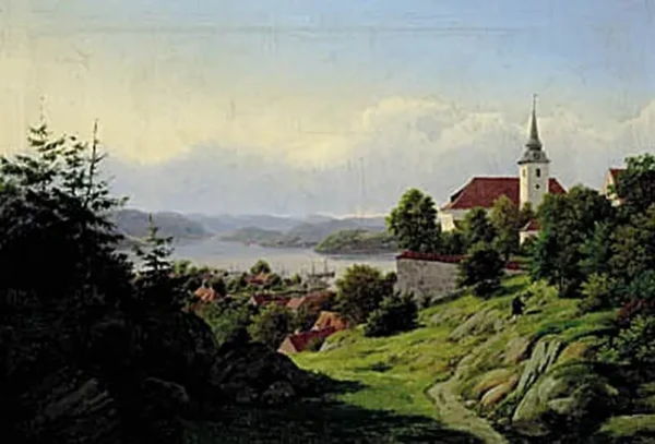 View from the castle of Aggershuus towards the fiord of Christiania. (1842) by August Wilhelm Boesen — original painting reproduced as a hand-painted oil on canvas
