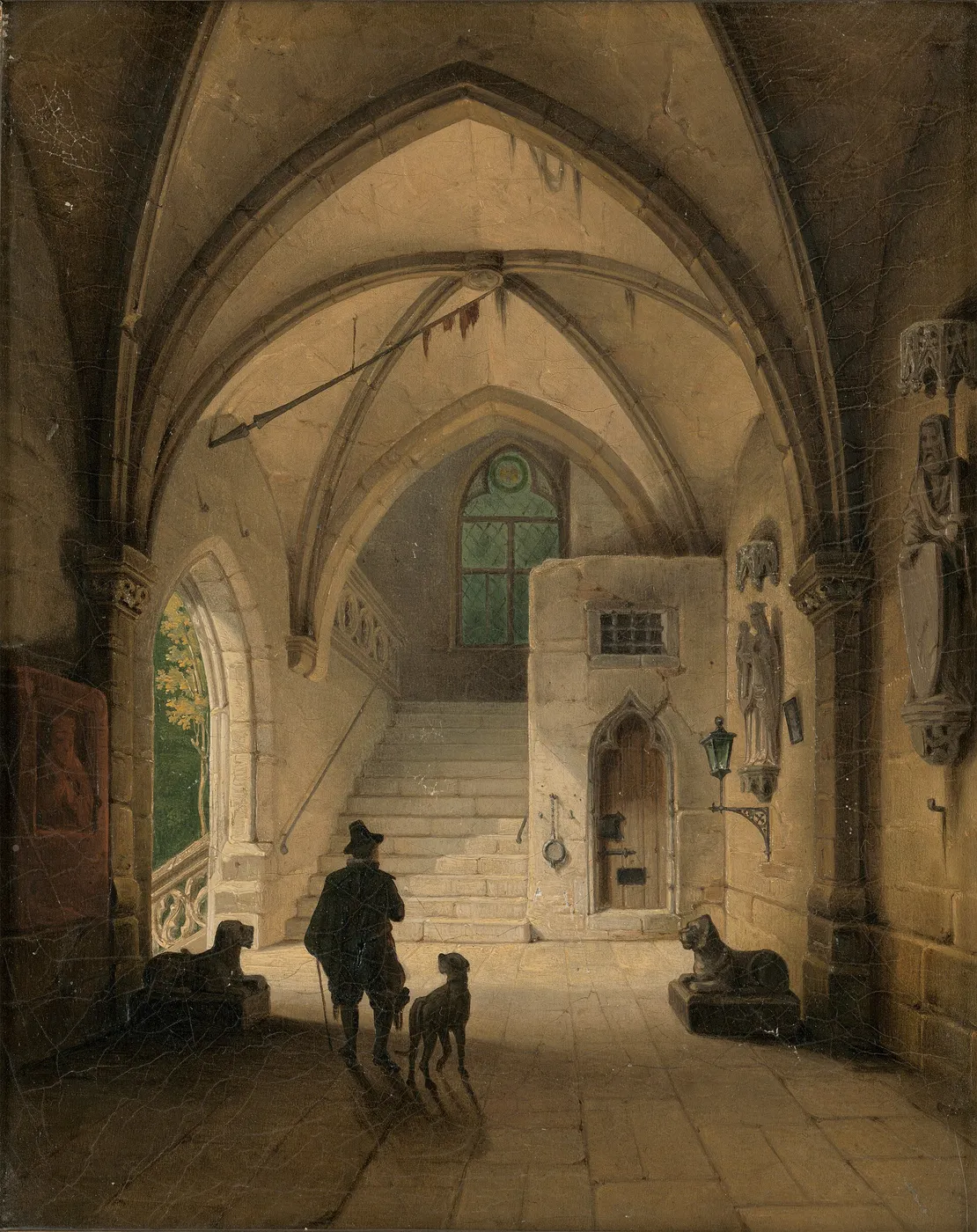 View into a Gothic vestibule, in the foreground a nobleman with his dog (1850) by Eduard Gerhardt — original painting reproduced as a hand-painted oil on canvas