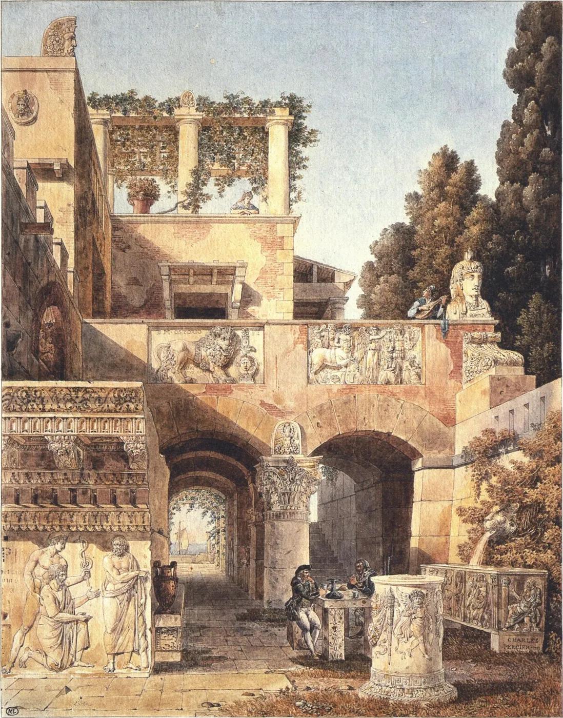 View of a Roman house (1792) by Charles Percier Bassant — original watercolour reproduced as a hand-painted oil on canvas