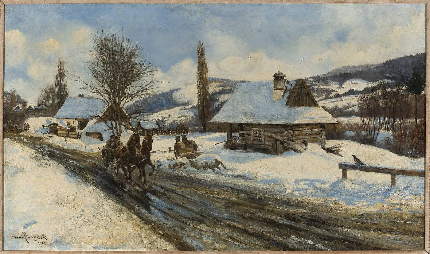 View of a submontane village (1895) by Adam Pełczyński — original painting reproduced as a hand-painted oil on canvas