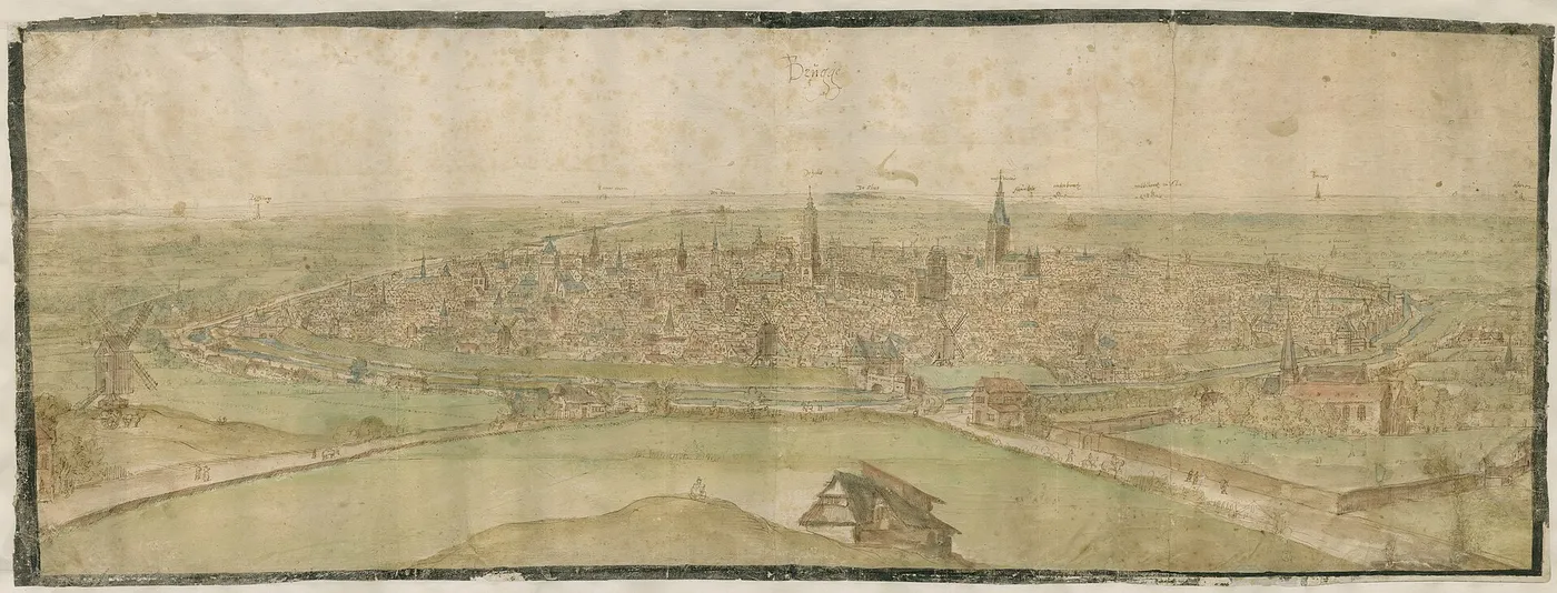 View of Bruges by Anton van den Wyngaerde — original watercolour reproduced as a hand-painted oil on canvas