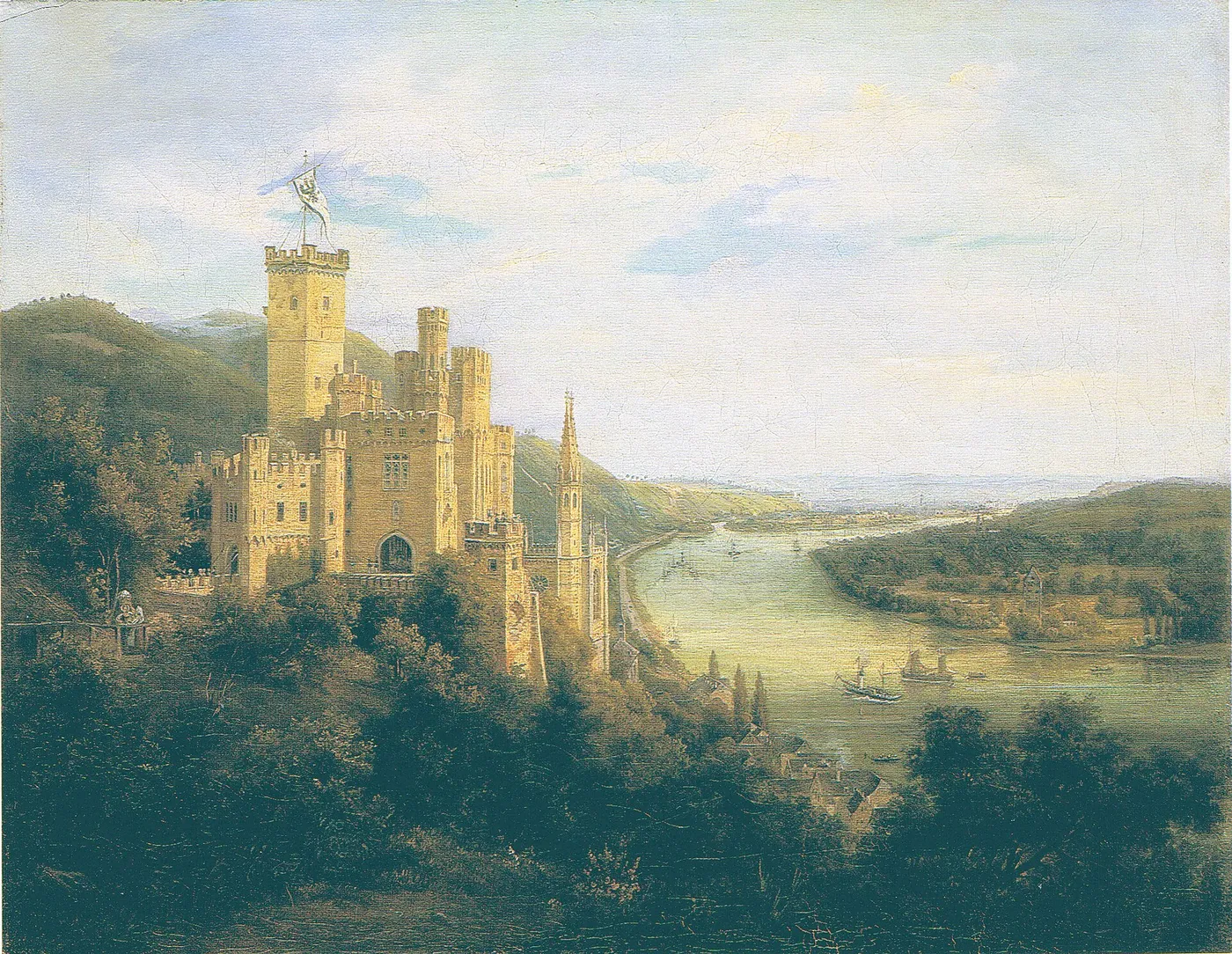 View of castle of Stolzenfels at river Rhein by Carl Daniel Freydanck — original painting reproduced as a hand-painted oil on canvas
