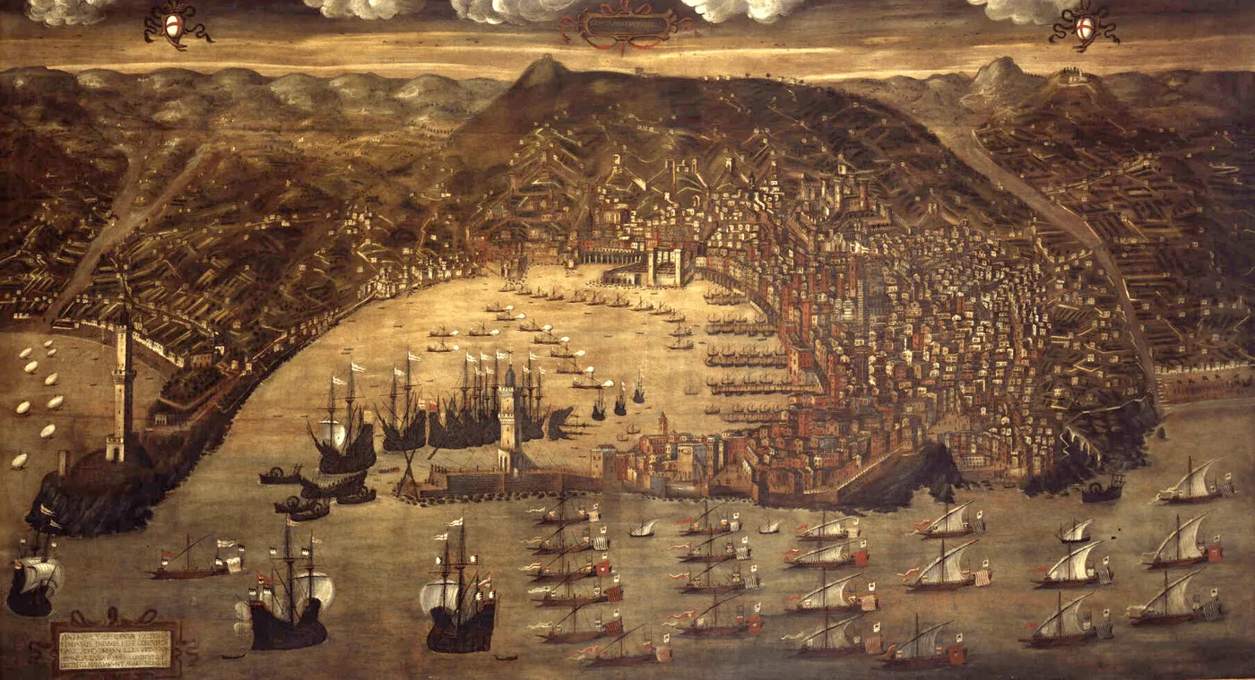 View of Genoa (1597) by Cristofaro Grasso — original painting reproduced as a hand-painted oil on canvas