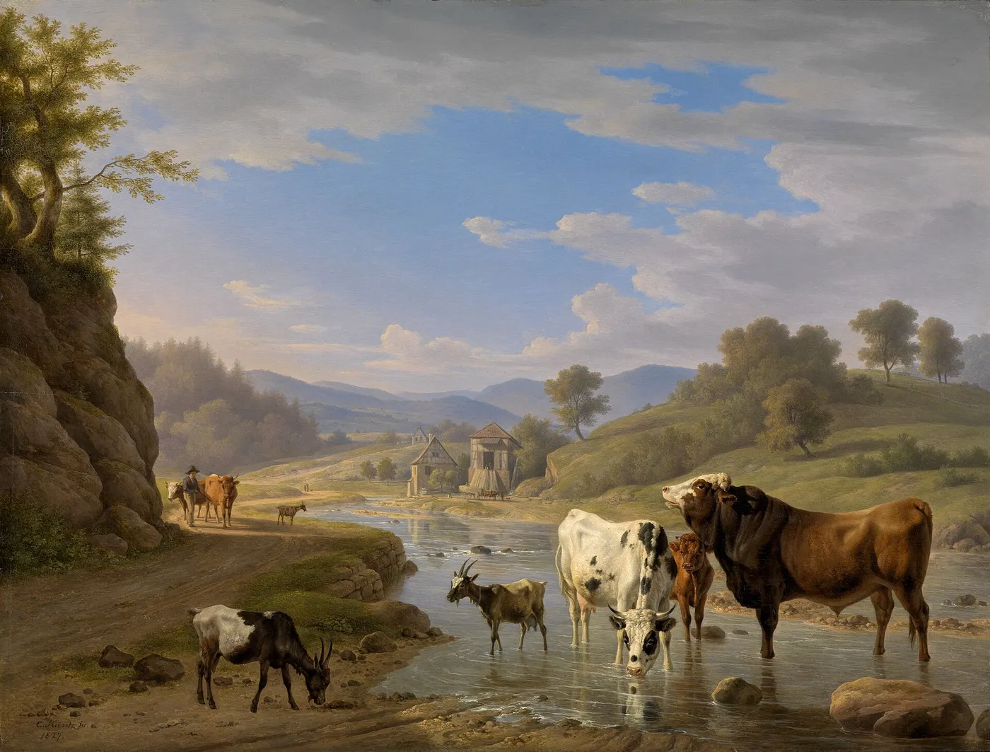 View of Geroldsau near Baden-Baden with cattle (1827) by Carl Kuntz — original painting reproduced as a hand-painted oil on canvas