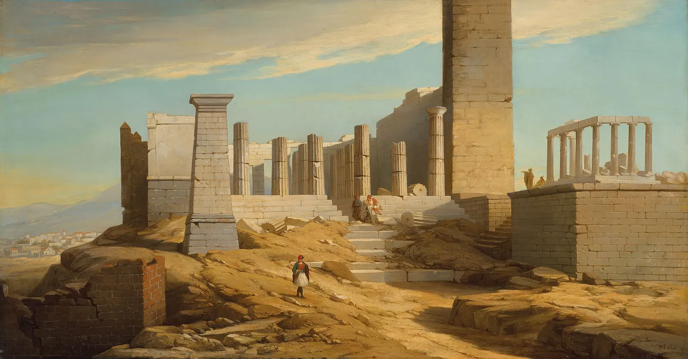 View of Greek classical ruins by Florent Mols — original painting reproduced as a hand-painted oil on canvas